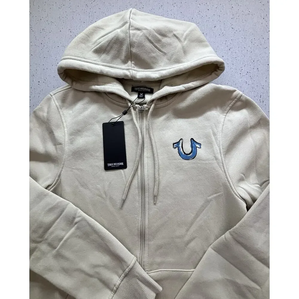 NWT True Religion Fashion Senses Zip Hoodie Mens Small S Fog Beige Blue $124